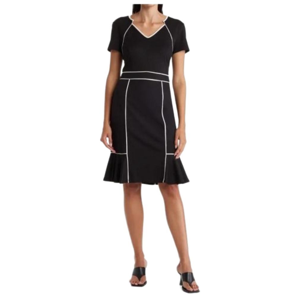 Nue By Shani Black/White Piped Detail Tulip Hem Short Sleeve Midi Dress. Size 8.